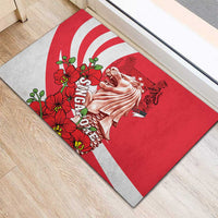Red rubber doormat with angled view of merlion, 'SINGAPORE' text, and flower border