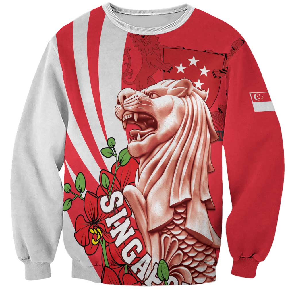 Red and heather gray sweatshirt with merlion roar graphic and flower print