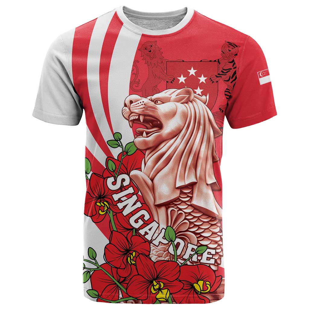 Singapore T Shirt The Merlion With Red Orchid - Wonder Print Shop