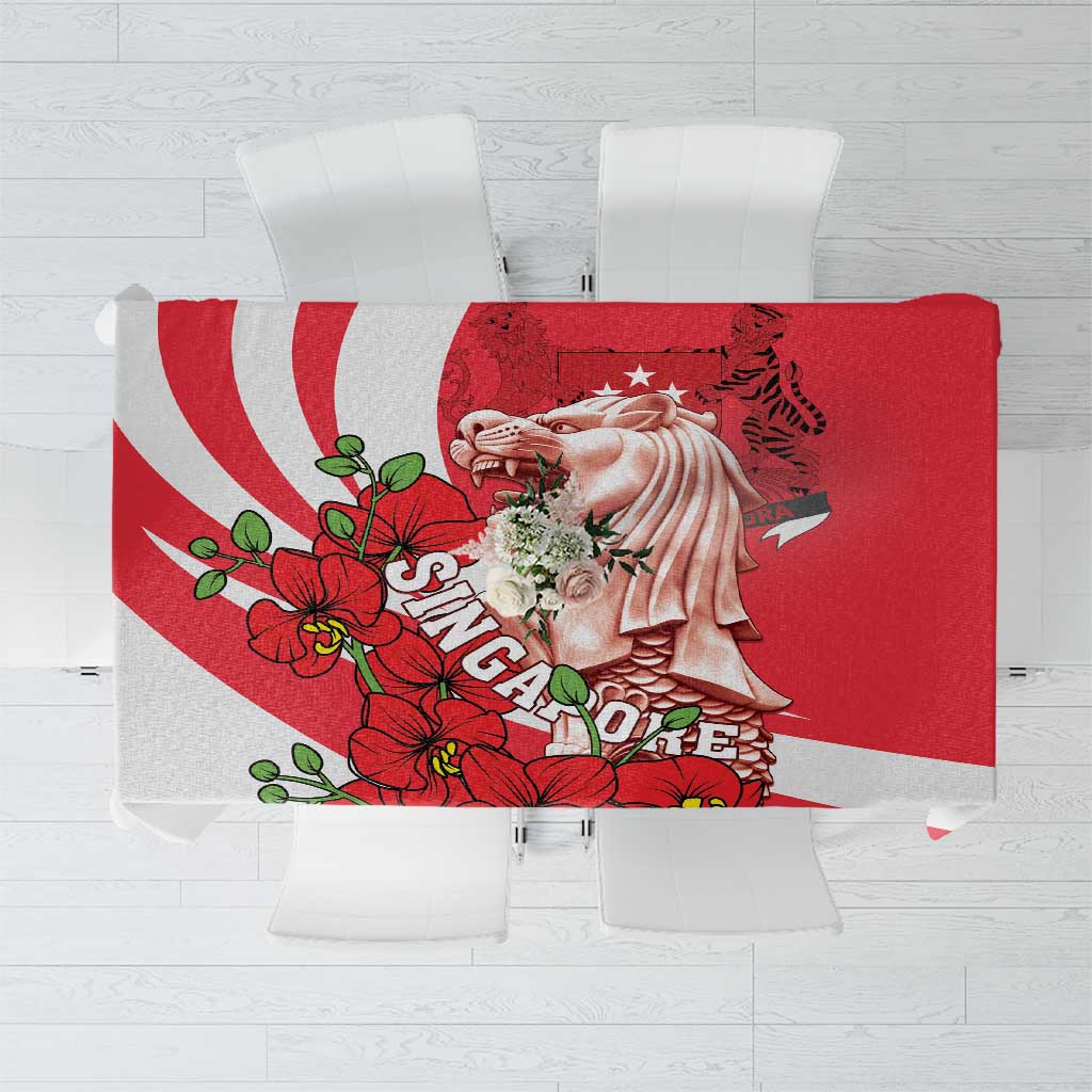 Red tablecloth with white diagonal stripe and Merlion with red orchid floral print.