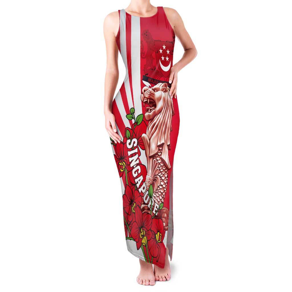 Singapore Tank Maxi Dress The Merlion With Red Orchid - Wonder Print Shop