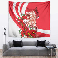 Red wall tapestry with Merlion, white stripes, and red orchid bouquet design