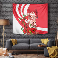 Red Singapore wall tapestry featuring Merlion figure with red orchids and white stripes