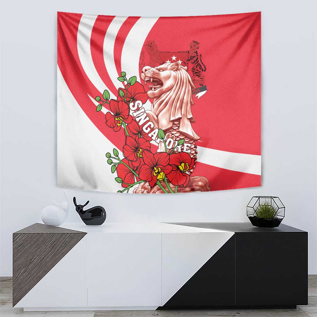 Red hanging tapestry with Merlion and red flower cluster, white stripes around backdrop
