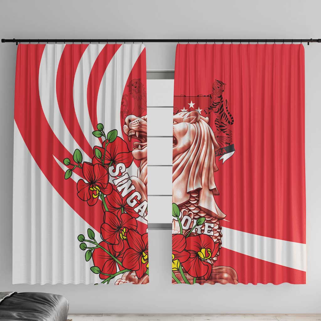 Singapore Window Curtain The Merlion With Red Orchid - Wonder Print Shop