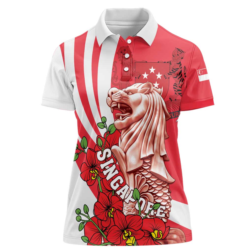 Singapore Women Polo Shirt The Merlion With Red Orchid - Wonder Print Shop