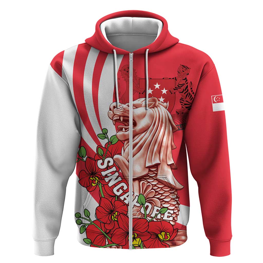 Singapore Zip Hoodie The Merlion With Red Orchid - Wonder Print Shop