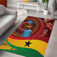 Red tropical area rug with central figure, circular print, large yellow star, green edge