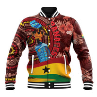 Unisex baseball jacket in dark red with Ghana-inspired tribal and bird graphic, snap front