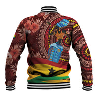 Unisex baseball jacket back view in dark red with tropical floral and tribal print, striped cuffs