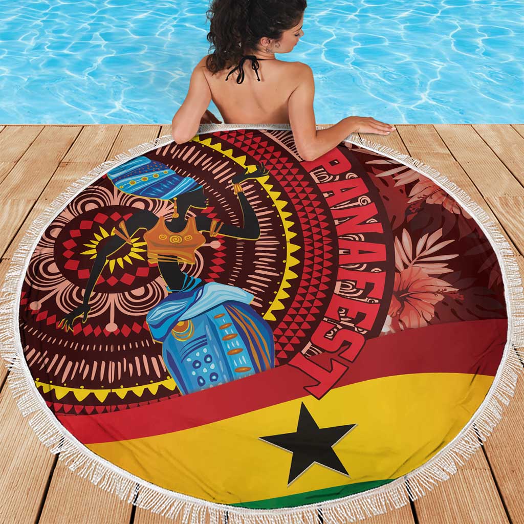 Round beach blanket with fringed border and African woman in blue, red yellow black.