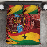 Tropical duvet cover with Ghana flag colors, lion portrait and floral accents, paired pillows