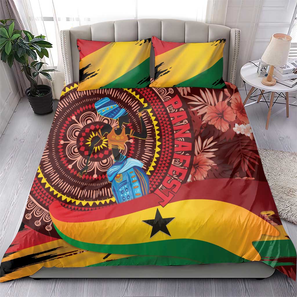 Tropical bedding set: red, yellow and green duvet cover with lion portrait and palm pattern