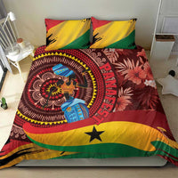 Tropical bedding set on bed: red, yellow, green duvet with lion portrait and flower side print