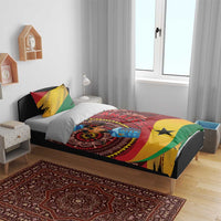 Tropical duvet cover and pillows with Ghana flag stripe band, lion portrait, on modern bed