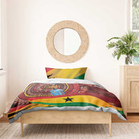 Tropical duvet cover with lion portrait, black star and red-yellow-green stripes on single bed