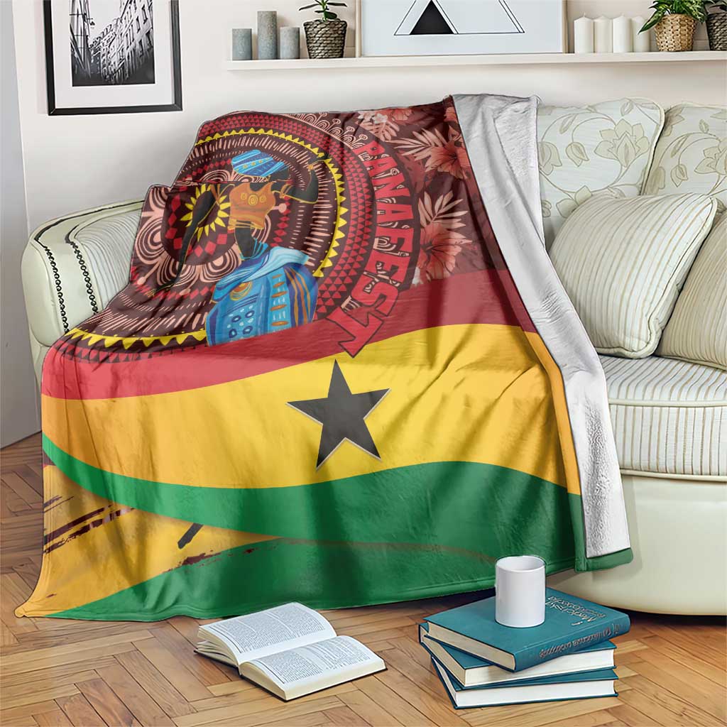 Ghana tropical print blanket with red, yellow and green stripes, central woman and star