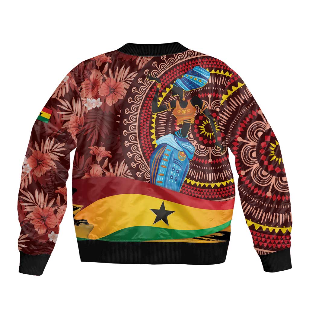 Unisex bomber jacket with bold African tropical print, black ribbed collar and cuffs