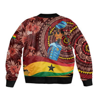 Unisex bomber jacket with bold African tropical print, black ribbed collar and cuffs