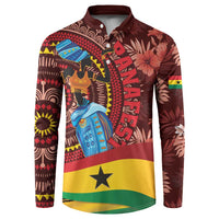 Men's maroon button sweatshirt with long sleeves and Ghana-style tribal print, star hem
