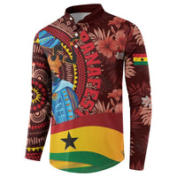 Men's maroon button sweatshirt with long sleeves, all-over tropical tribal pattern and star