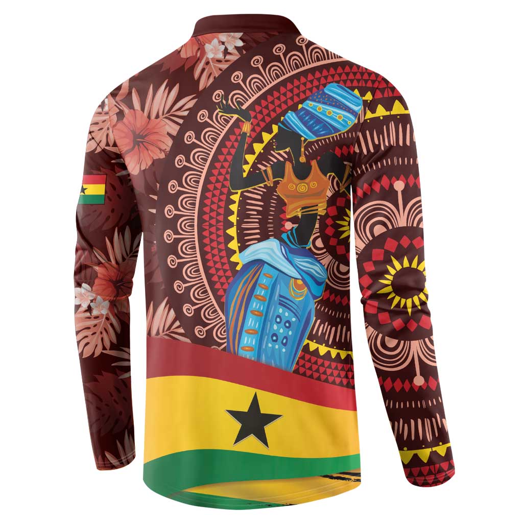 Men's maroon button sweatshirt, back view with tropical tribal print and central star panel