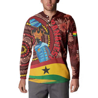 Men's maroon button sweatshirt on model, long sleeves with Ghana-style tribal artwork and star
