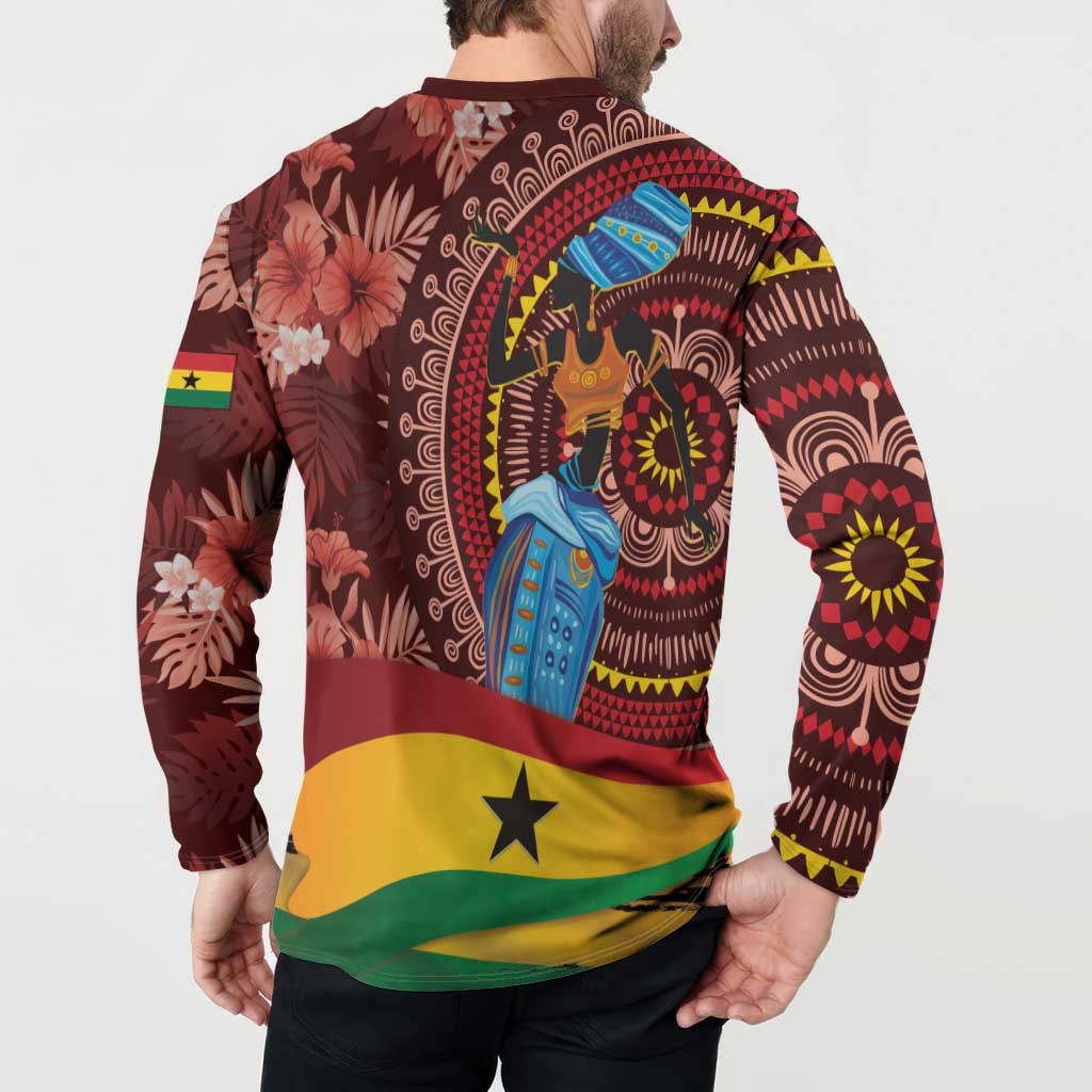 Men's maroon button sweatshirt on model, back view with tropical tribal print and floral motifs