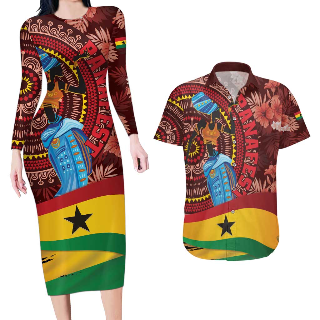 Panafest Couples Matching Long Sleeve Bodycon Dress and Hawaiian Shirt Ghana Tropical African Pattern - Wonder Print Shop