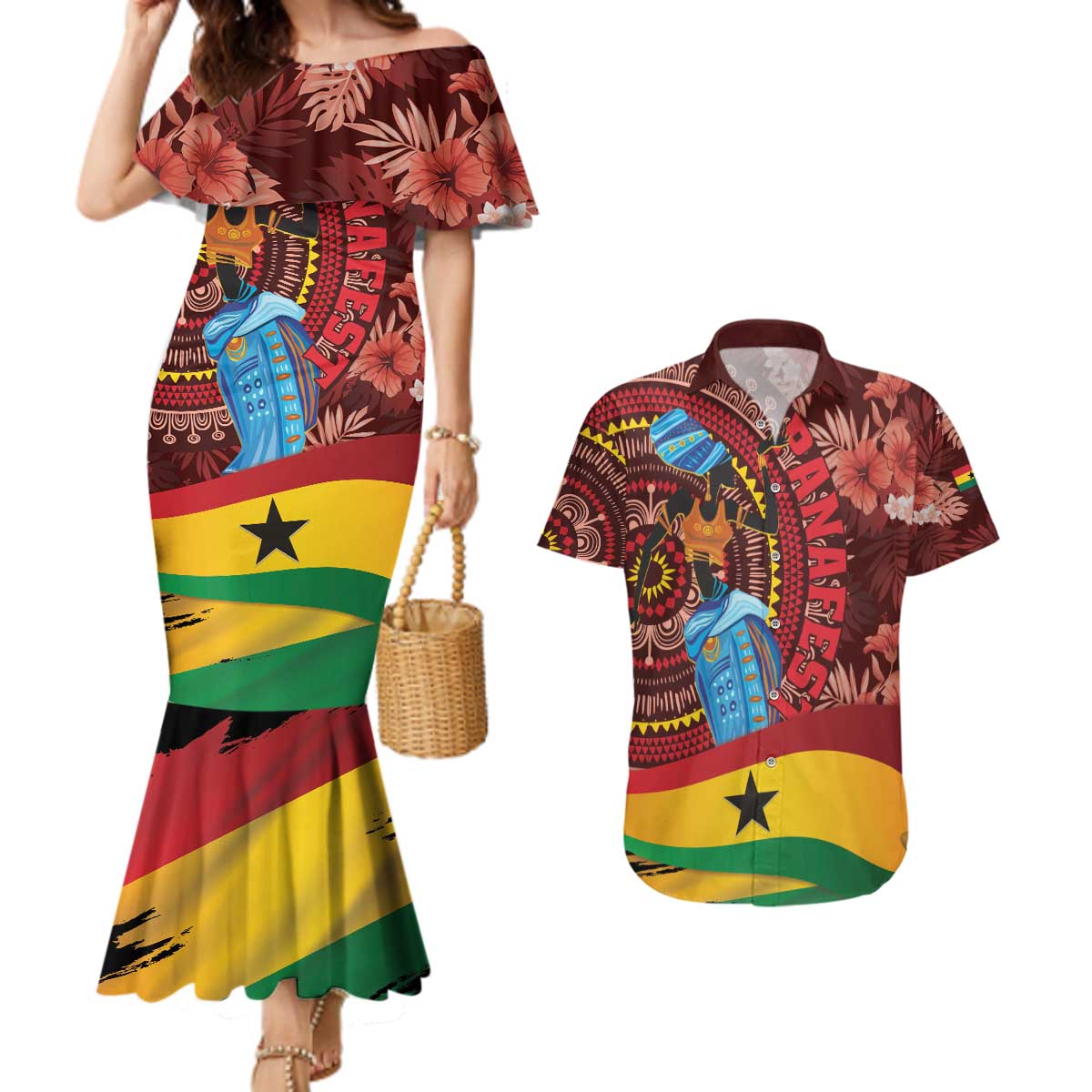 Panafest Couples Matching Mermaid Dress and Hawaiian Shirt Ghana Tropical African Pattern - Wonder Print Shop