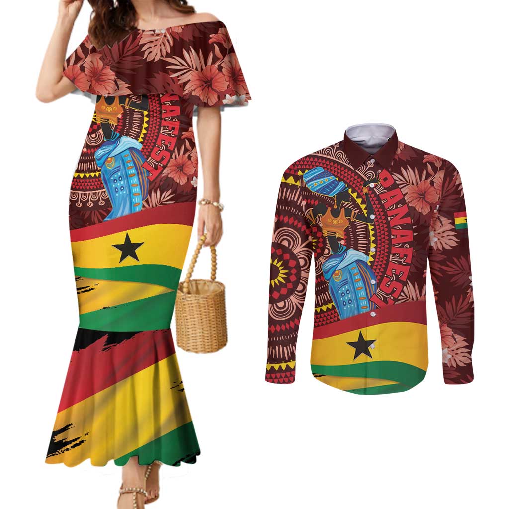 Panafest Couples Matching Mermaid Dress and Long Sleeve Button Shirt Ghana Tropical African Pattern