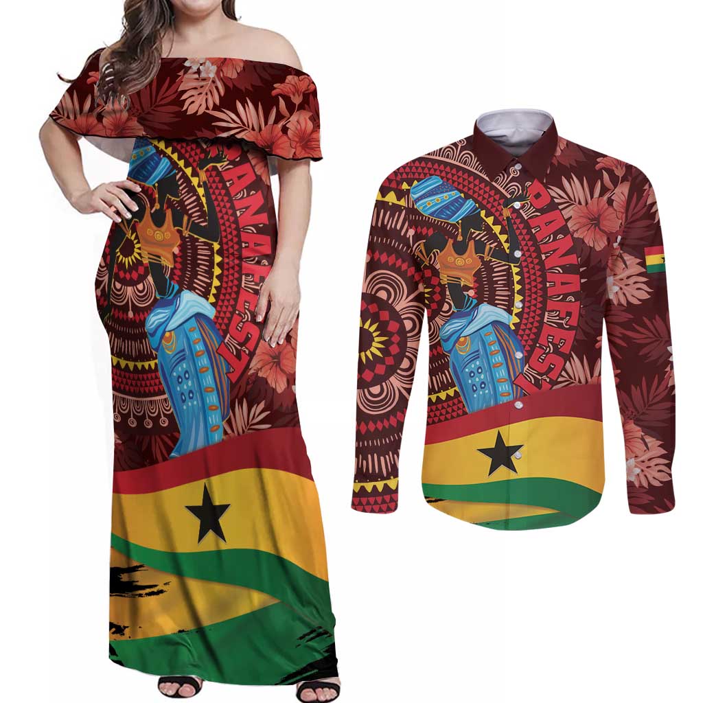 Panafest Couples Matching Off Shoulder Maxi Dress and Long Sleeve Button Shirt Ghana Tropical African Pattern - Wonder Print Shop