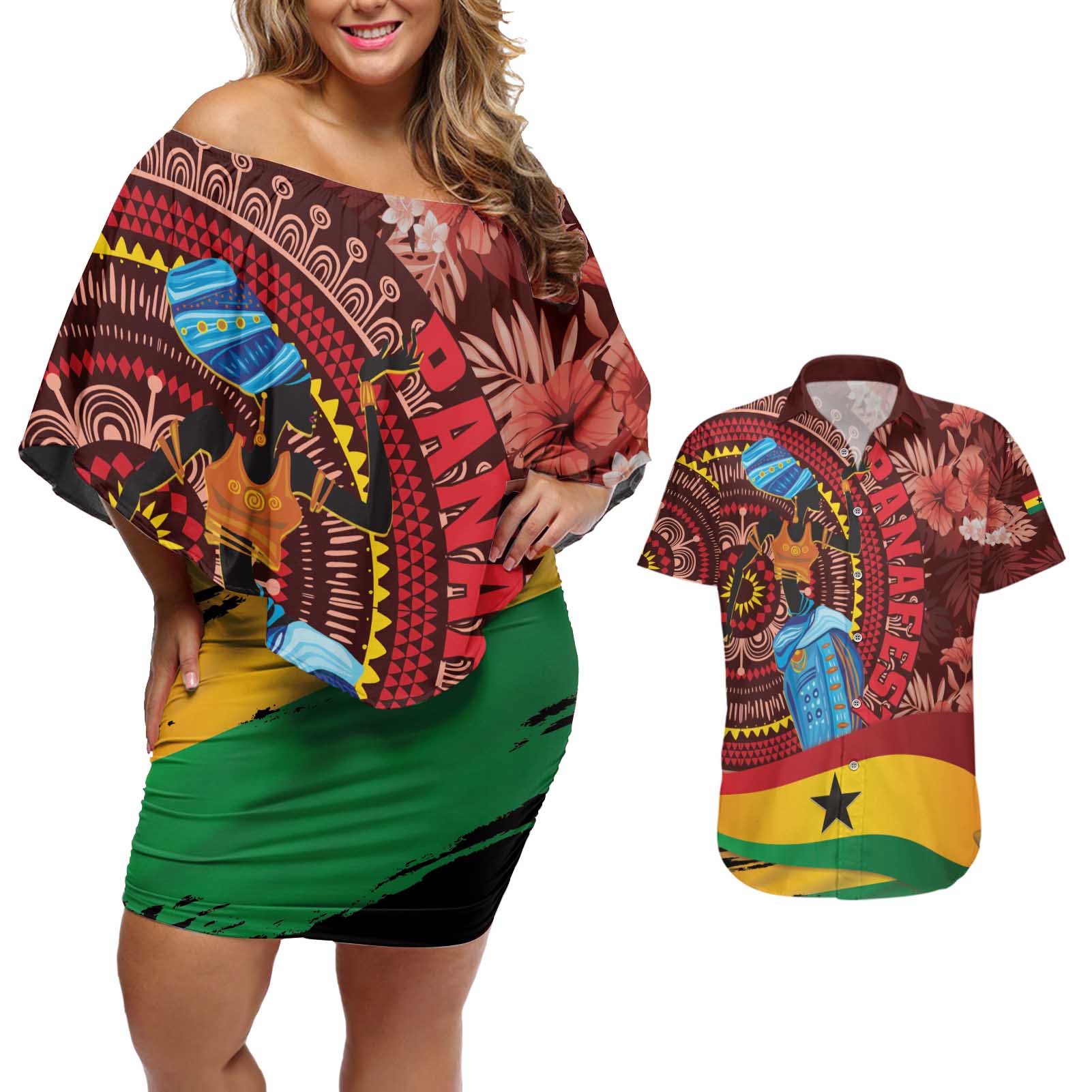 Panafest Couples Matching Off Shoulder Short Dress and Hawaiian Shirt Ghana Tropical African Pattern - Wonder Print Shop