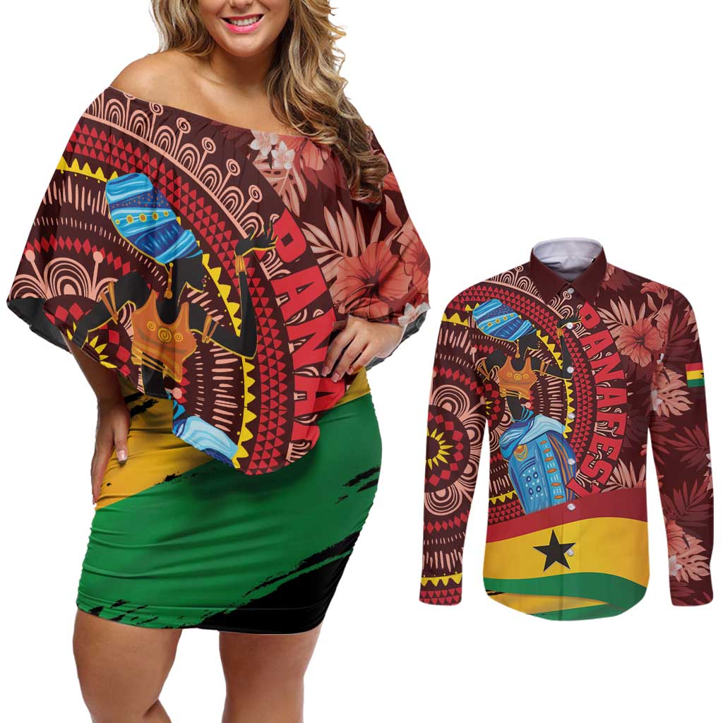 Panafest Couples Matching Off Shoulder Short Dress and Long Sleeve Button Shirt Ghana Tropical African Pattern - Wonder Print Shop