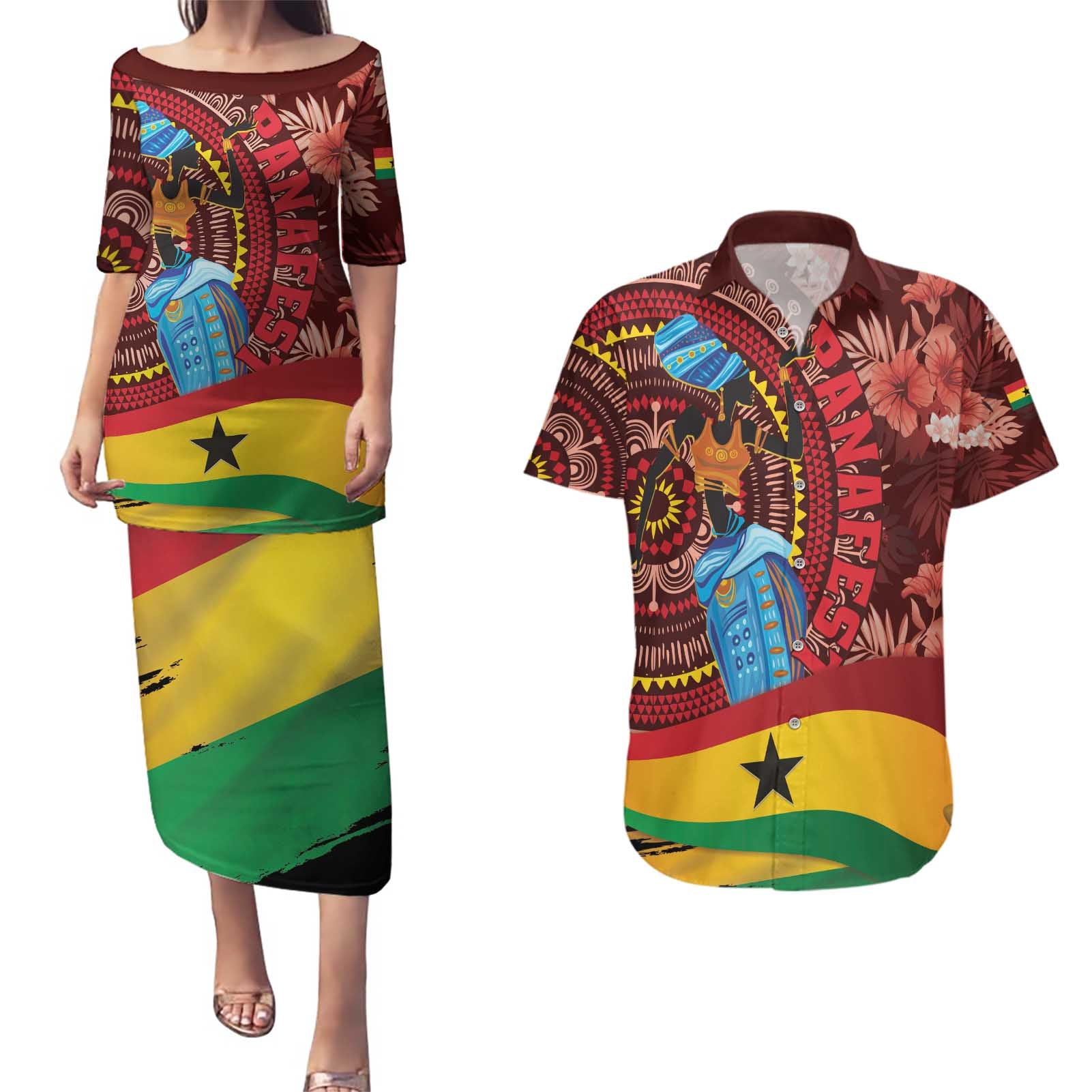 Panafest Couples Matching Puletasi and Hawaiian Shirt Ghana Tropical African Pattern - Wonder Print Shop