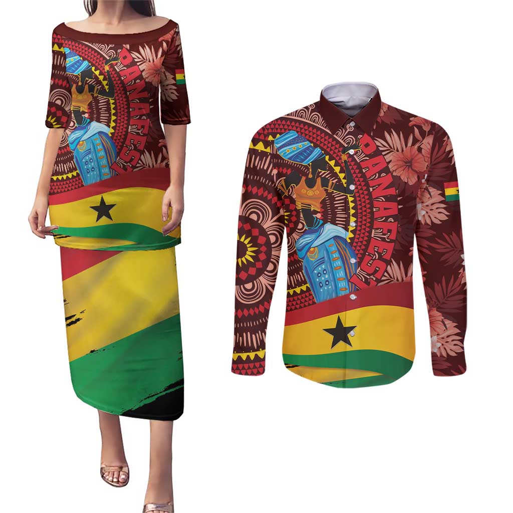 Panafest Couples Matching Puletasi and Long Sleeve Button Shirt Ghana Tropical African Pattern - Wonder Print Shop