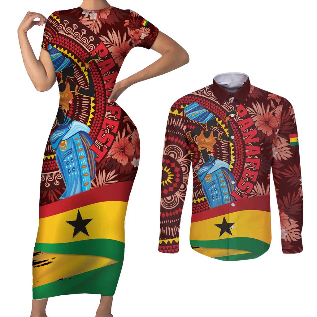 Panafest Couples Matching Short Sleeve Bodycon Dress and Long Sleeve Button Shirt Ghana Tropical African Pattern - Wonder Print Shop