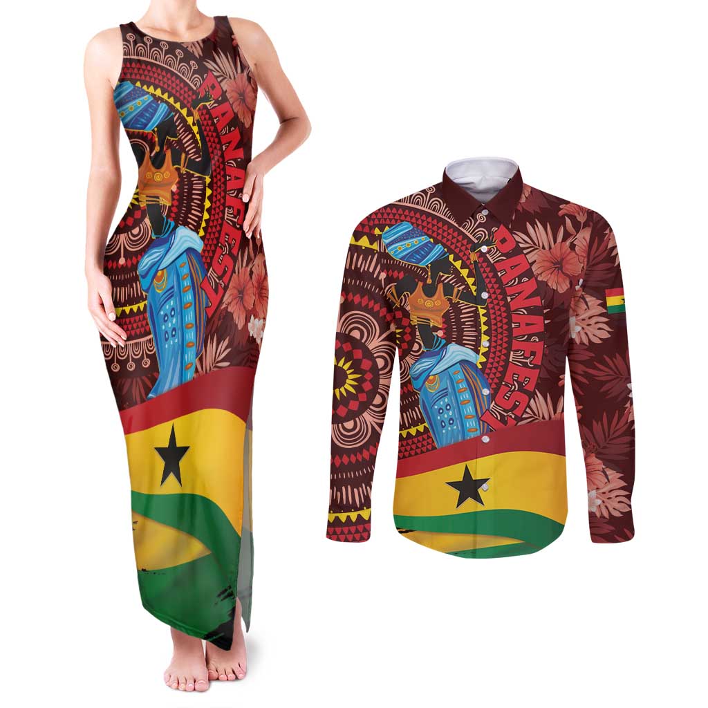 Panafest Couples Matching Tank Maxi Dress and Long Sleeve Button Shirt Ghana Tropical African Pattern - Wonder Print Shop