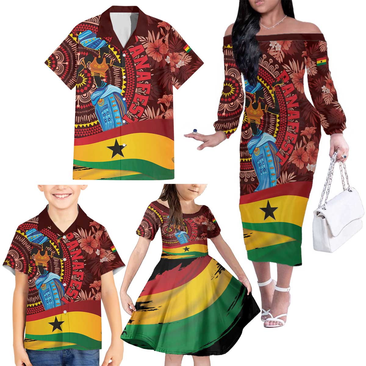 Panafest Family Matching Off The Shoulder Long Sleeve Dress and Hawaiian Shirt Ghana Tropical African Pattern - Wonder Print Shop