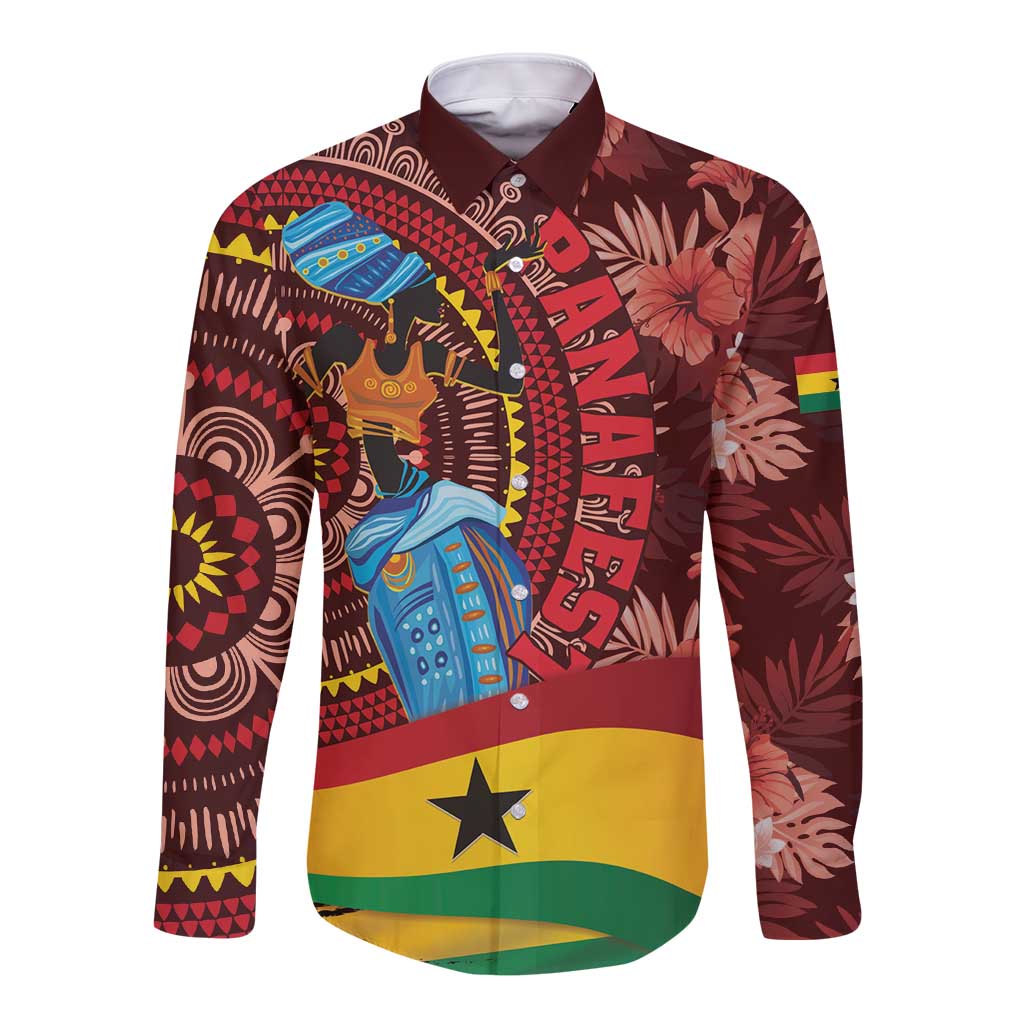 Long-sleeve button shirt with tribal portraits and Ghana flag stripe, dark burgundy