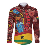 Long-sleeve button shirt with tribal portraits and Ghana flag stripe, dark burgundy