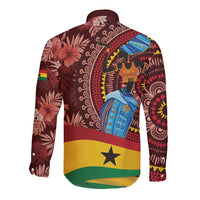 Long-sleeve button shirt with Ghana flag graphic and tribal pattern, burgundy red