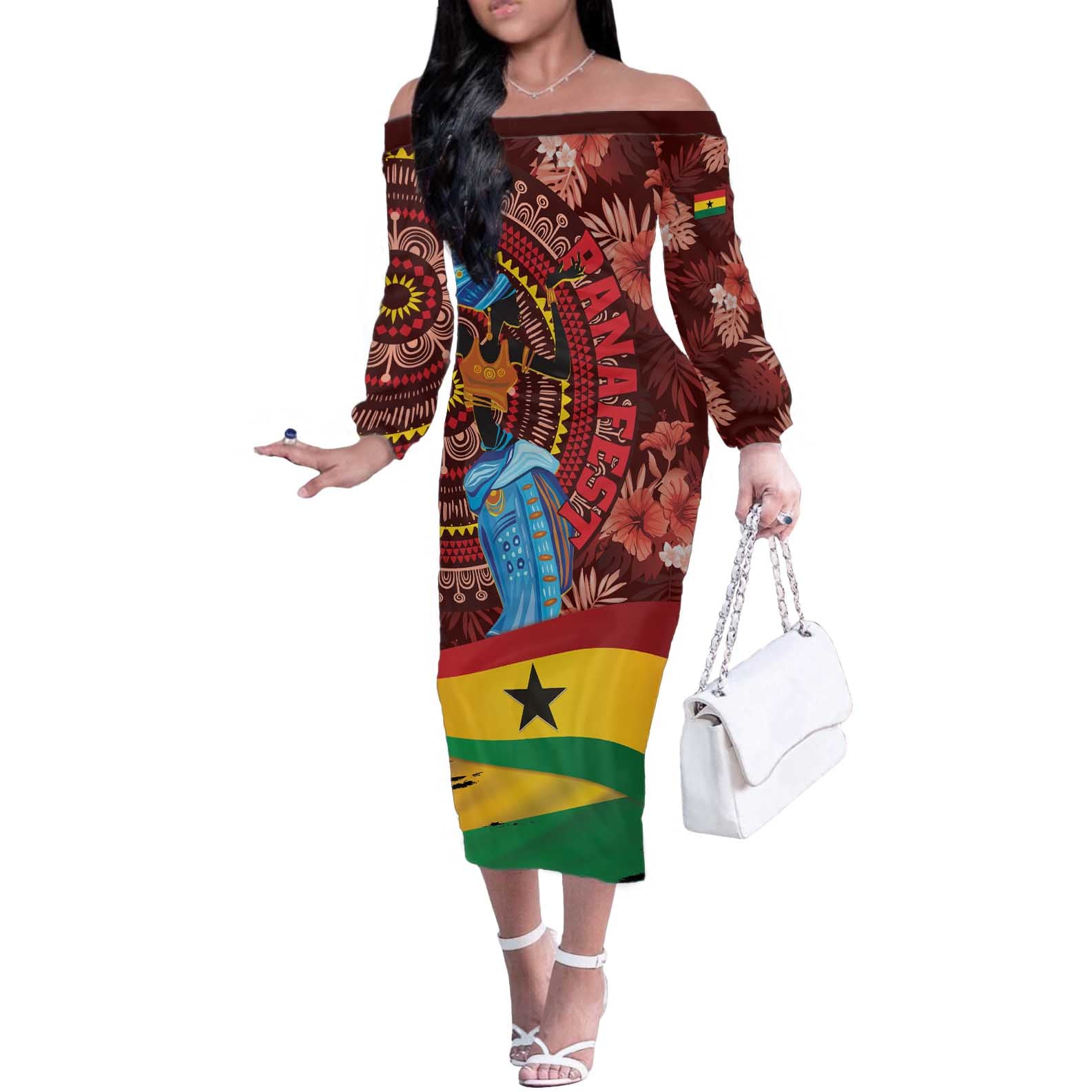 Panafest Off The Shoulder Long Sleeve Dress Ghana Tropical African Pattern - Wonder Print Shop