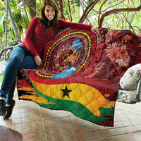 Panafest quilt held outdoors, African portrait medallion, red maroon, yellow-green waves, star