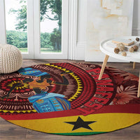 Red round carpet with tropical figures, circular motifs, and a yellow star detail
