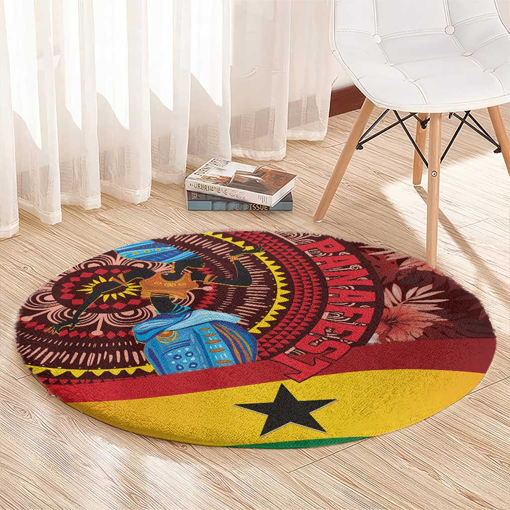 Round red rug with blue artwork, yellow border, and centered yellow star