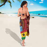 Maroon sarong with back-hanging drape, Ghana flag colors, lion and leaf pattern