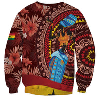 Unisex red-brown sweatshirt with tropical leaves and central African figure print