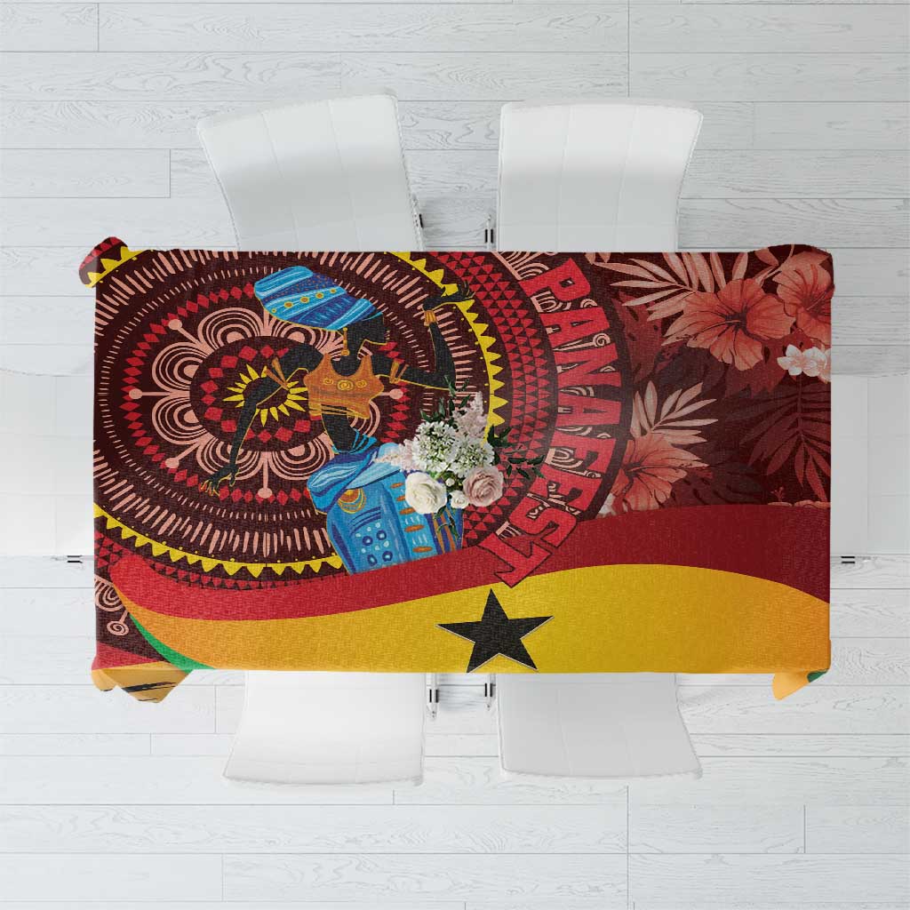 Red tablecloth with tropical Ghana-inspired pattern, central figure, yellow star accents.
