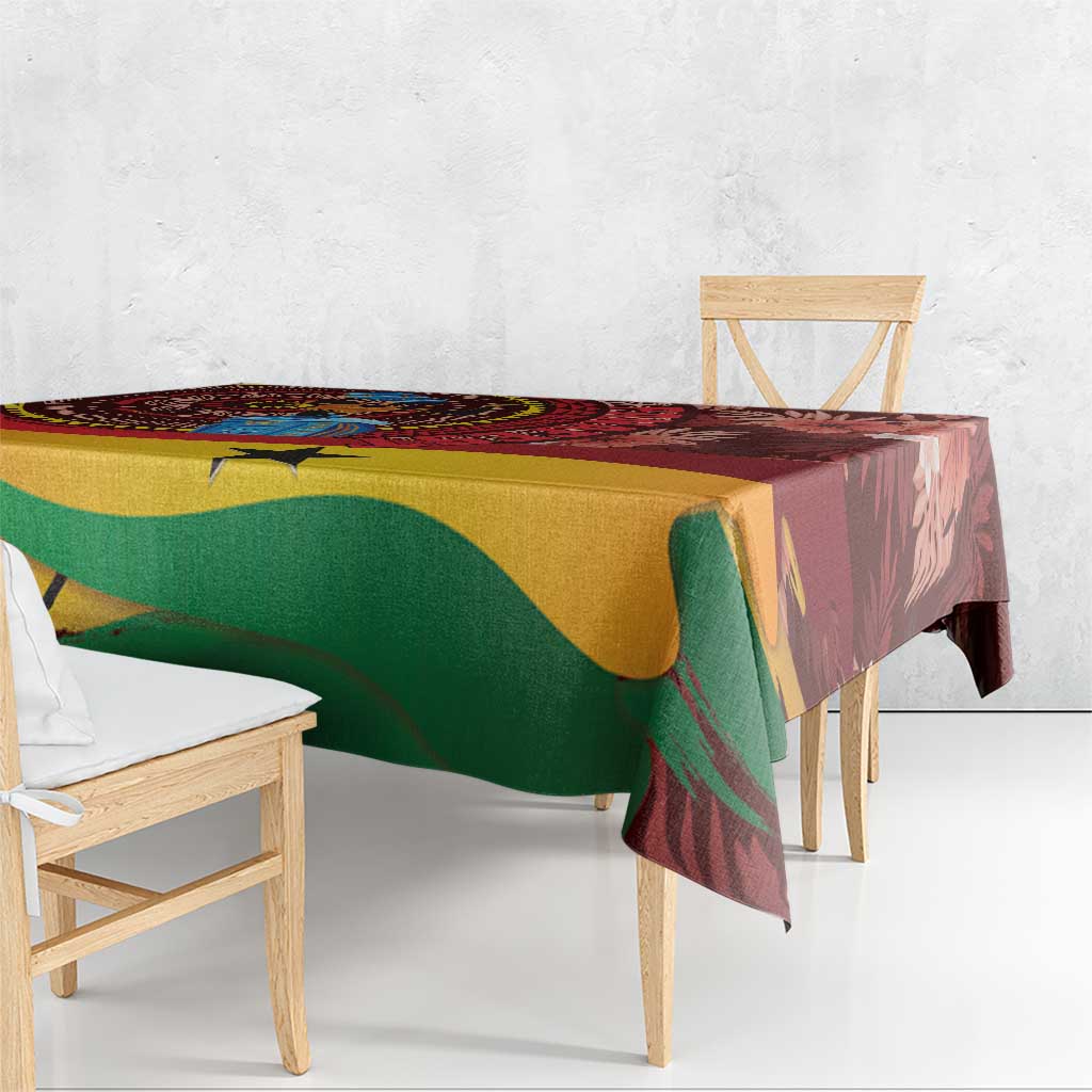 Red tropical tablecloth draped over a rectangular dining table with green and yellow shapes.